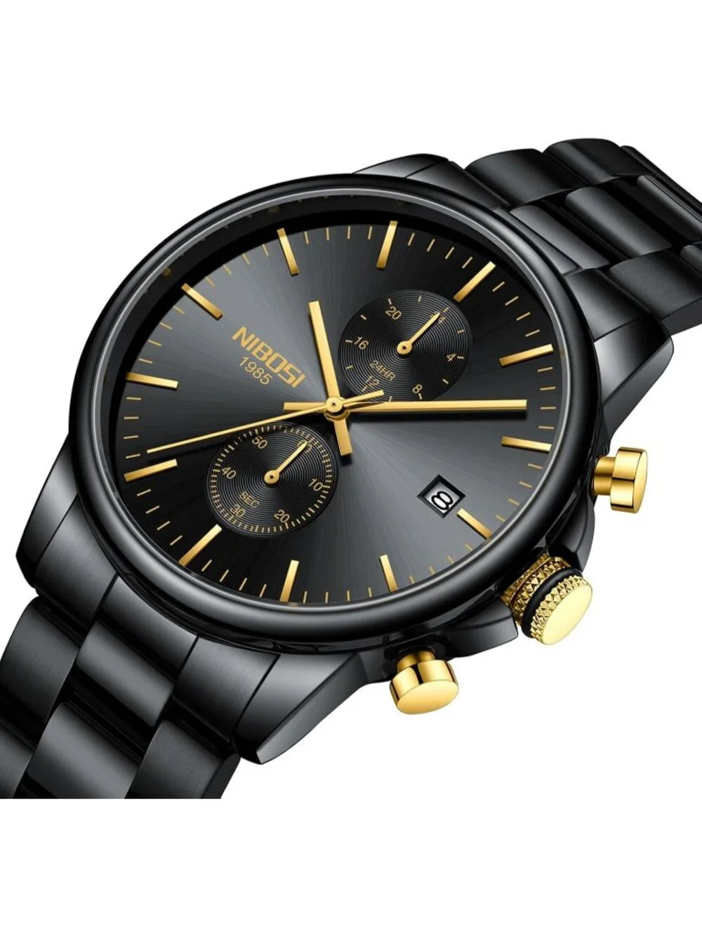 Men's Black Gold Stainless Steel Quartz Waterproof Day Date Casual Wrist Watch
